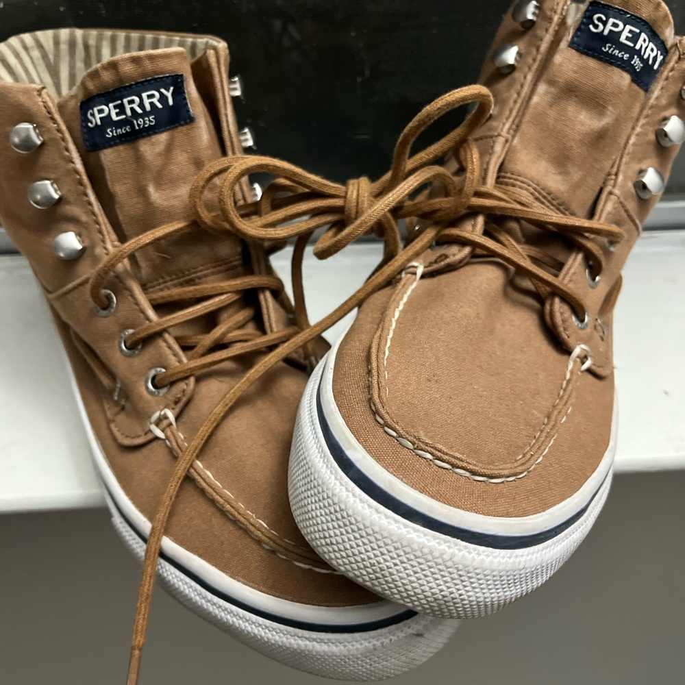 Sperry Tan Canvas High-Top Sneakers with White Soles